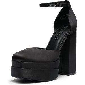 Dream Pairs Women Black-satin Faux Leather Closed Toe Chunky High Heels Platform